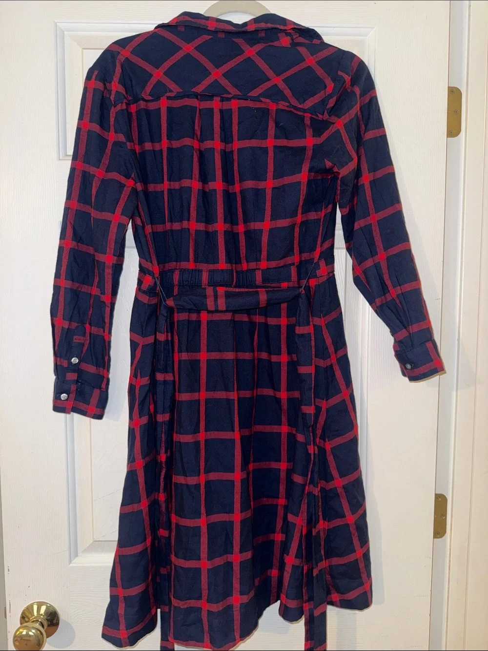 J. Crew Navy and Red Plaid Long-Sleeve Tie-Waist Shirt Dress